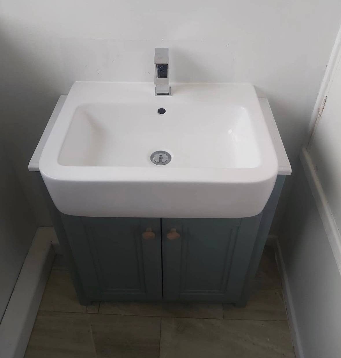 New basin and grey vanity unit with a chrome mono tap